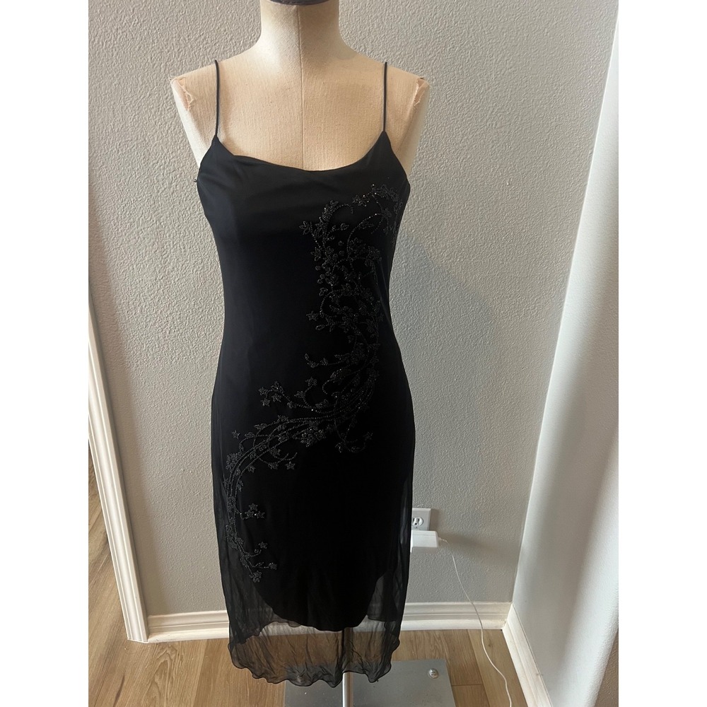 Vintage Byer Too Black Beaded Midi Dress Womens M USA Y2K 90s Spaghetti Strap